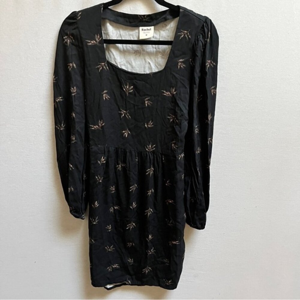 Rachel Mona Long Sleeve A Line Dress Black Leaf Print Tie Back Sz M